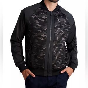 KARL LAGERFELD - Black Bomber Jacket with Mesh Overlay and Camo Print